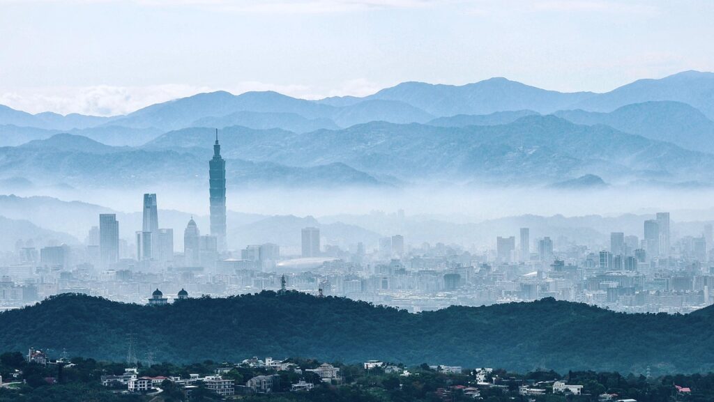 buildings, nature, skyscrapers, tower, modern, fog, cityscape, outlook, structure, sky, famous, city, city centre, travel, asia, panorama, taiwan, taipei, landscape